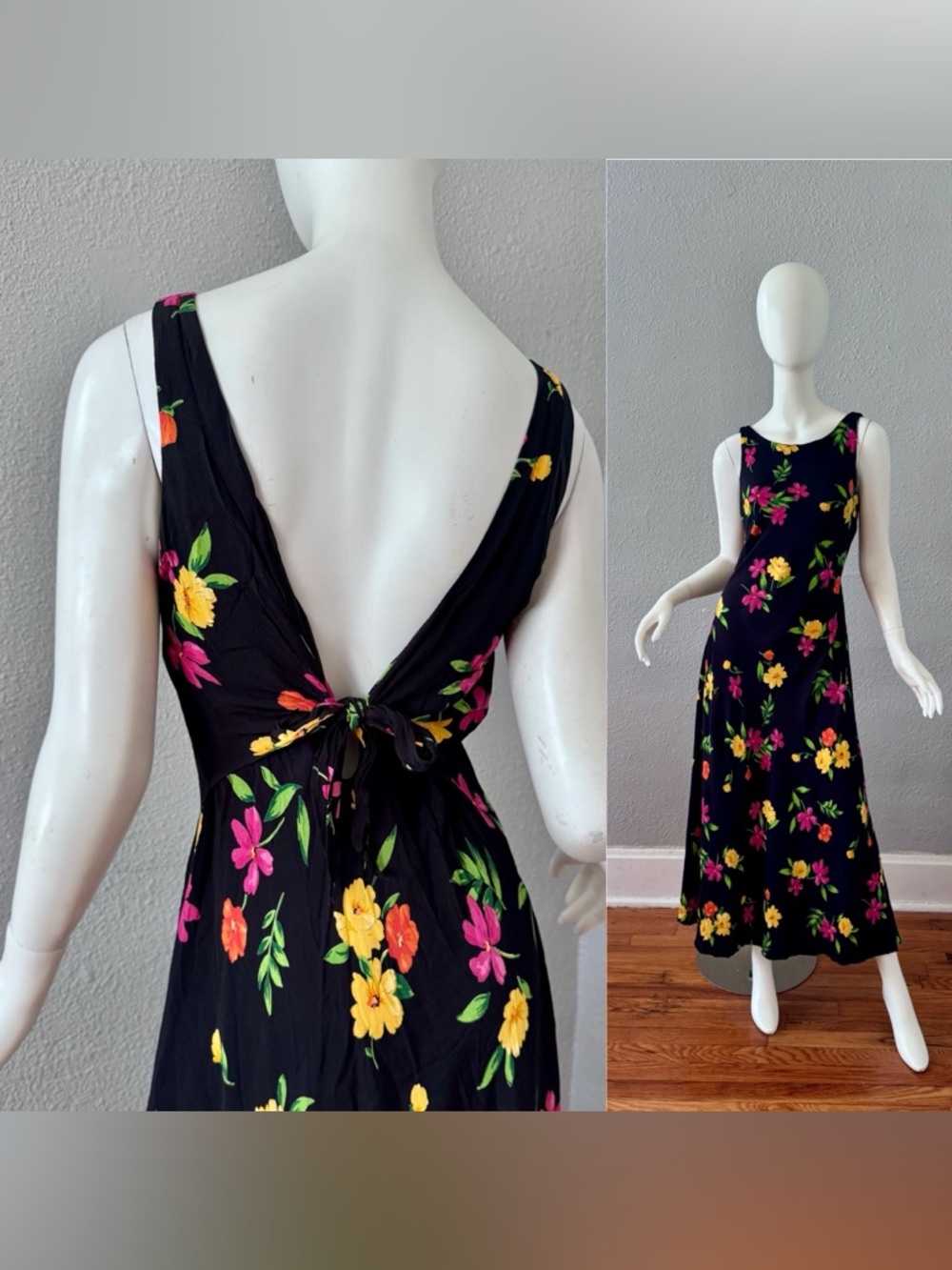 Vintage 90s Black Floral Femme Rayon Maxi Sun Dress M